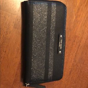 Kate Spade Black Glitter Stripe zip around wallet